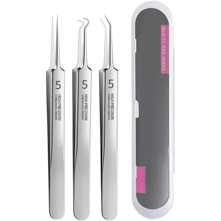 Stainless Steel Professional Blackhead Removal Tweezers Kit - Acne Extractor, Pimple Popper Tool, Whitehead Clip, Ingrown Hair Tweezer, 3 Piece Set, Acne Care