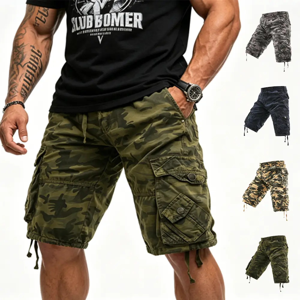 American vintage multi-pocket cargo shorts, washed pure cotton outdoor functional drawstring mid-length shorts for men—versatile casual cargo shorts for camping and hiking