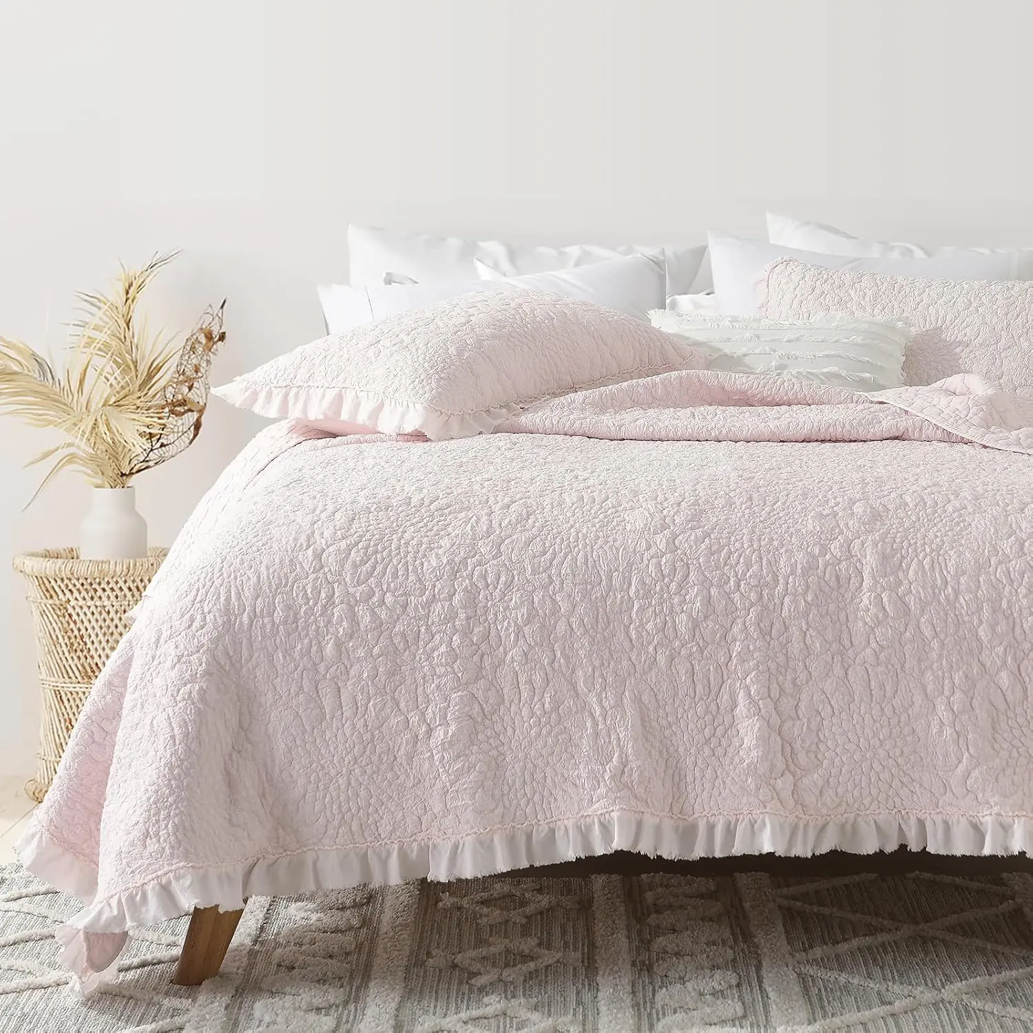 Pink Ruffled Quilt  Size, Stone-Washed Microfiber Lightweight Crinkled Farmhouse Rustic Shabby Chic Bedding Set, 3 count Reversible Bedspread with Pillow Shams for All Season