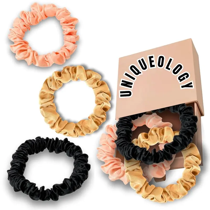 Uniqueology Satin Silk Hair Ties for Women and Girls – No Damage and Crease Soft Scrunchies in Black, Pink, Gold