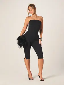 Party Essential Black Strapless Stretchy Jumpsuit Capri Slim Fit Sexy Hot Girl Sleeveless Romper