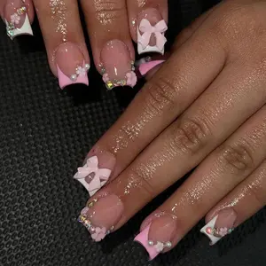 French Tip Press on Nails Short Square Fake Nails with Flower Rhinestones Glossy White Pink French Tip Acrylic False Nails Pearl Bows Full Cover Glue on Nails Stick on Nails for Women 24Pcs