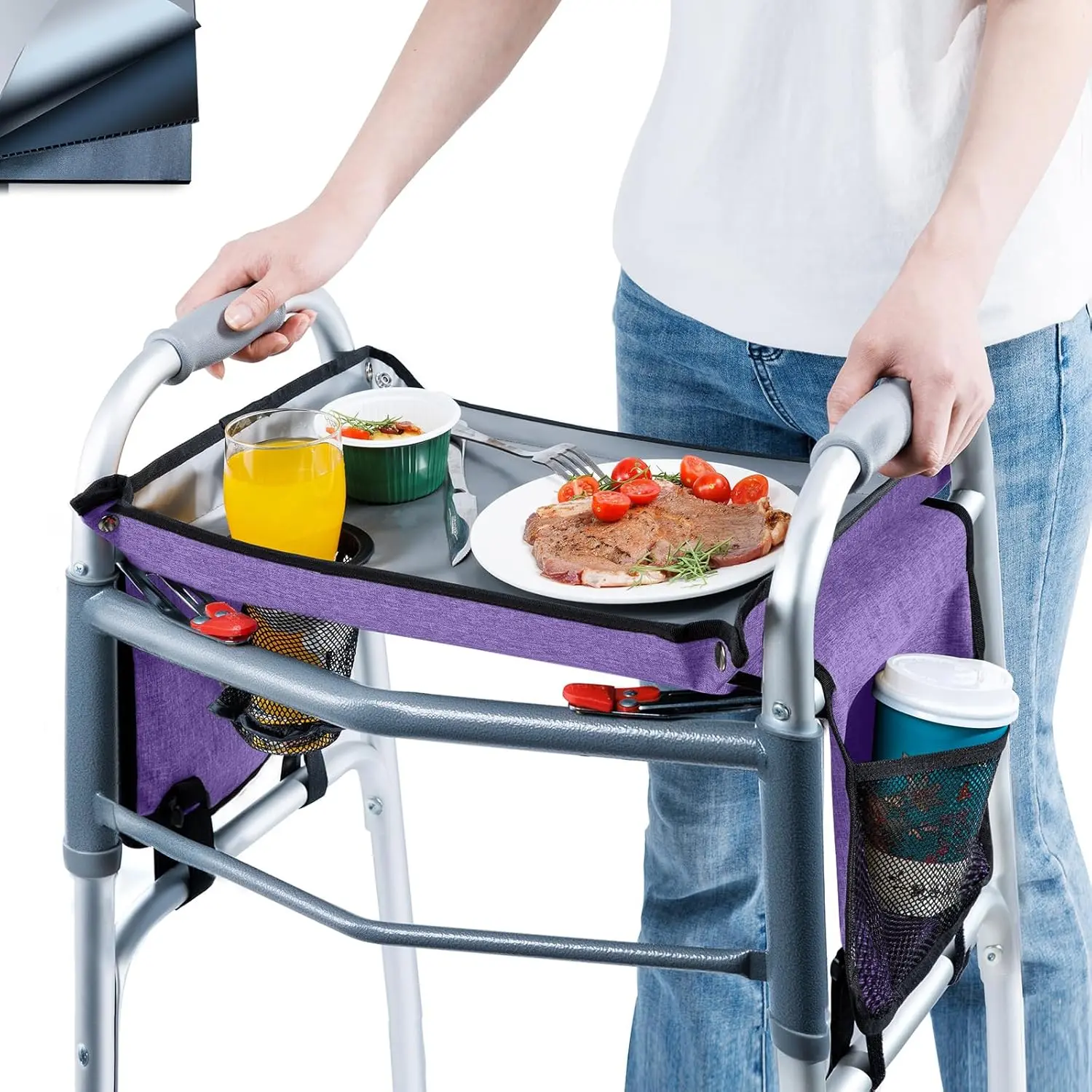 Walker Tray with Cup Holder & Side Pocket  Hard Top Walker Table for Seniors  Folding Walker Accessory for Meals, Reading, Drinks  Non-Slip Surface, Tool-Free Install, Universal Fit