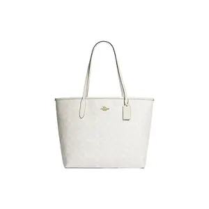 COACH City 33 Classic Monogram Large Tote Bag with Coated Canvas for Women in Gold, Chalk, and Glacier White