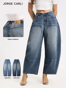JORGE CARLI Women's Casual Nine-Part Straight Leg Denim Jeans, Elastic Waist, Loose-Fitting, Long/regular Length, Plain Pattern, All Seasons