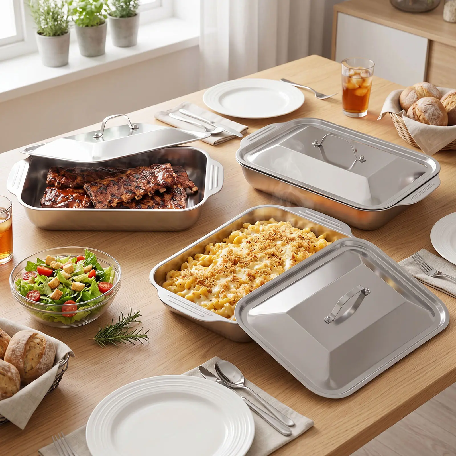3pcs Non-Stick Roasting Pan with Lid & Wooden shovel, Large  Stainless Steel Baking Pans, Deep Dish for 5-Layer Lasagna, Multi-Scenario Stainless Steel Cake Pan