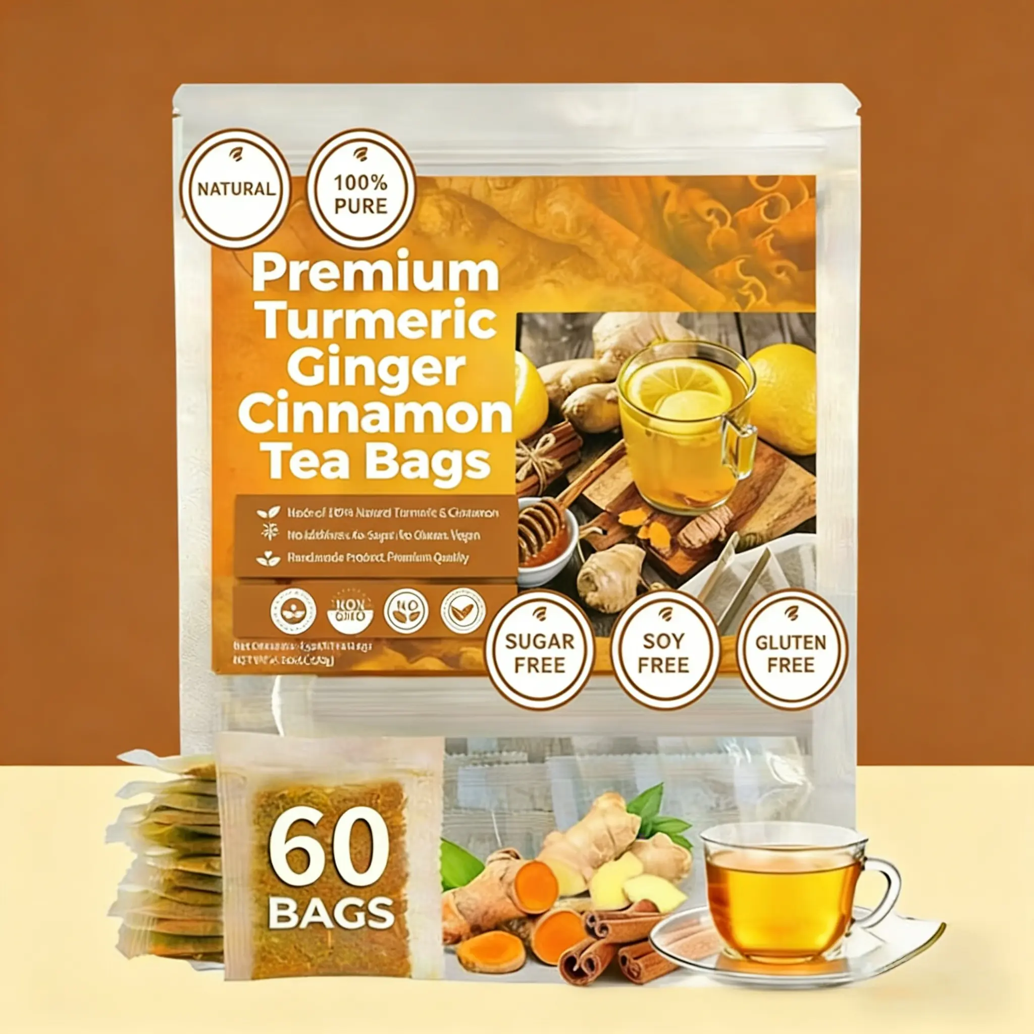 60 Bags Premium Turmeric Ginger Cinnamon Tea Bags | Sugar & Gluten Free | Natural Anti-Inflammatory Wellness Drink  #TurmericTea #HealthyLiving