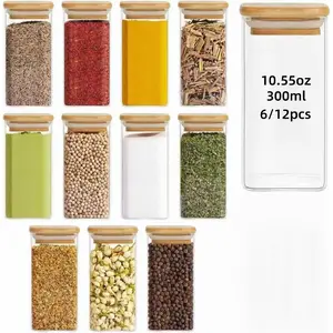 Glass Spice Jars Set, 300ML/10.55oz, 6/12pcs, Bamboo Lid, Square Seasoning Containers, Small Bottles for Salt Herbs Sugar Pepper Spices, Kitchen Organization