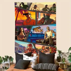 1pc GTA Game Poster Tapestry Wall Hanging - Vibrant Polyester Art with Iconic Scenes, Vertical Indoor Decor for Bedroom, Dorm, Living Room - Perfect Holiday Gift for Gamers, Game Room Decor, Home Decoration, Dynamic Design, Highquality Prin