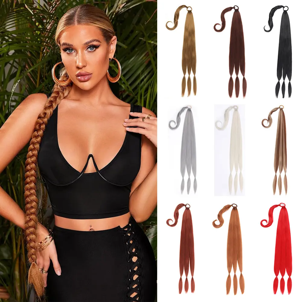 Women's 34-Inch Brown Black Synthetic Long Braid Ponytail Extension with Hair Tie Wrap, Natural Soft Fluffy Texture, Attachment Synthetic Extensions & Pieces for Daily Ponytail Hairstyles