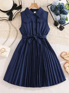 Girls' Solid Color Pleated Dress, Button Collar Design, Sleeveless Fashionable Style, Adjustable Waistband, Comfortable Lightweight Cool Fit, Button Collared Dress