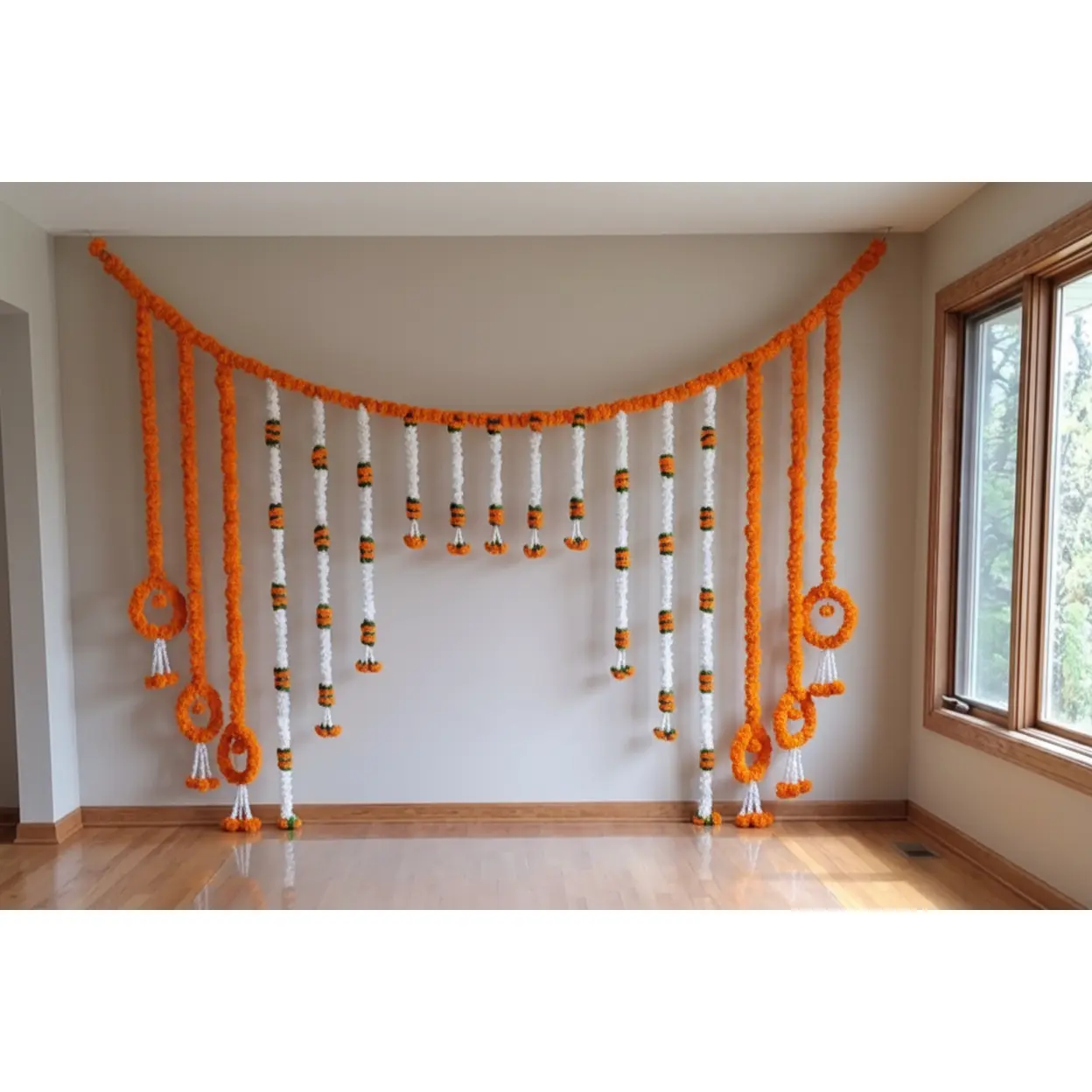 Traditional Marigold Garland Backdrop Set (6x8ft) - Single Set, Easy-Hang, Engagement Party Decor, Wedding Party Decor, Diwali Supplies, Authentic Indian Aesthetic Decorations, Cultural Richness Home Goods, Engagement Party Decorations