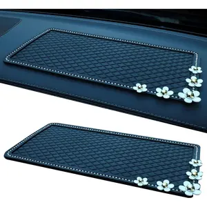 1 Pack Bling Car Dashboard Phone Mat, 11.81In x 5.70In Rectangle Waterproof Anti-slip Mat for Keys Coins, Universal Washable Vehicle Dashboard Decoration (Black#Little Daisy Diamonds)