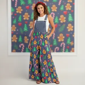 Women's Christmas Denim Overalls Jumpsuit, Festive Print (Rocking Horse/Gingerbread) Wide Leg Bib Overalls, Boho Casual Holiday Outfit with Lace Details for Party & Daily Wear