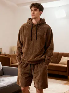 Men's Plush Hoodie Shorts Set, Long Sleeve Pullover Sweatshirt, Elastic Waist Plush Shorts, Casual Fall & Winter Home Wear, Unisex Set