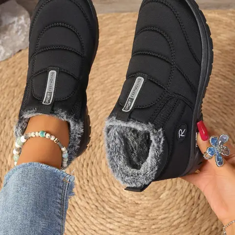 Women's Plain Fuzzy Lined Ankle Boots, Warm Fashion Boots, Slip-On Soft Sole Snow-Resistant Winter Flat Shoes, Comfortable Warm Casual Footwear