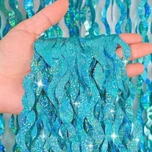 Teal Aqua Blue Wavy Foil Fringe Curtains Party Decorations, Sequins Backdrop Decoration, Party Background, Streamer Tinsel Curtain Party Photo Backdrops For Photography Studio Props, Wedding Party Backdrop, Shimmer Wall Backdrop