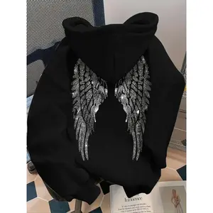 Women's Casual Long Sleeve Hoodie, Rhinestone Wing Pattern, Fitted Pullover Sweatshirt, Fall & Winter Fashion, All Seasons Wear