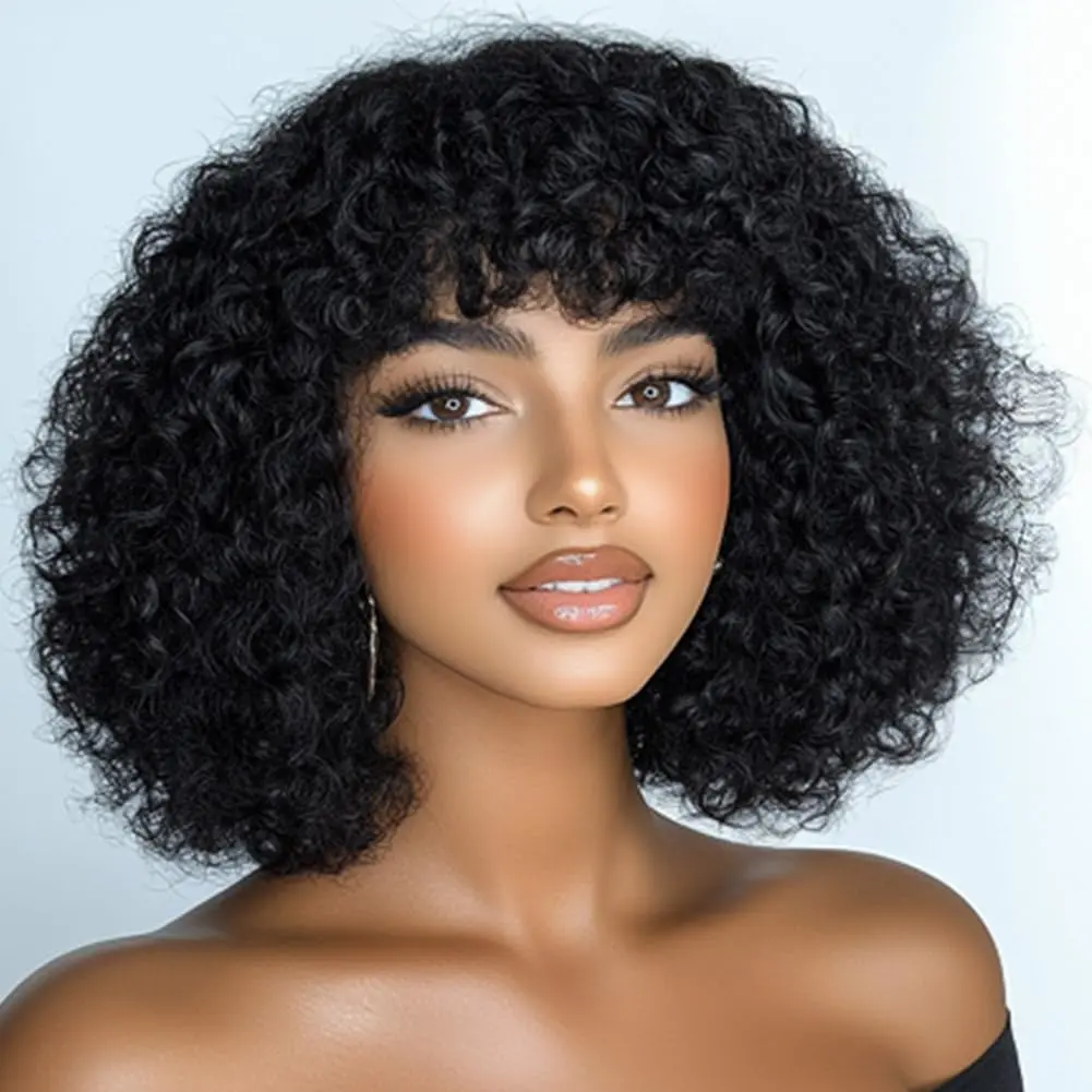 [Live only] ShowReal Short Curly Wig With Bangs Full Machine Made Human Hair Kinky Curly Human Hair Wig With Bangs For Women Glueless Water Wave Human Hair Wig With Bangs