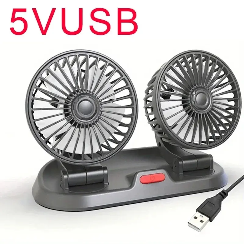 Car Cooling Fan - 360° Adjustable 3-Head Automotive Electric Fan, USB/12V/24V Power, 2 Speeds, Silent, Dual-Head Cool Option, for Home Desk & Car Use