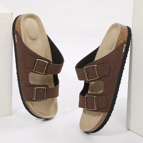Womens Cork Footbed Sandals - Adjustable 2-Strap Comfort Slides Slip On Open Toe Flat Sandals for Summer Beach Casual Everyday Wear