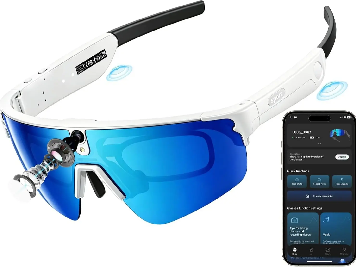 4K Camera Glasses, AI Smart Video Recording Sunglasses for Sports | HD Video & Photo, Electronic Image Stabilization, Live Translation, AI Voice Assistant, IP66 Waterproof for Cycling Hiking