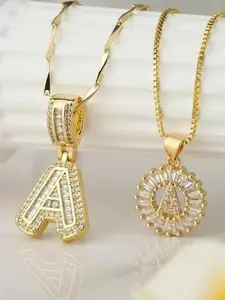 2-Pack Initial Pendant Women's Necklace, 14K Gold Plated Cubic Zirconia Letter Necklace, Gold/Silver Bubble Women's Necklace, Letter Necklace Zircon Pendant Necklace Initial Zirconia Stone, Initial Necklaces, Silver Initial Necklace