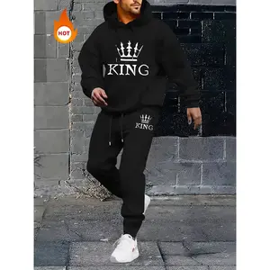 Men's Thermal Lined King Print Sweatshirt & Drawstring Waist Sweatpants Two-piece Set, Casual Long Sleeve Hooded Pullover & Pocket Jogger Pants for Fall & Winter, Men's Clothes for Daily Wear