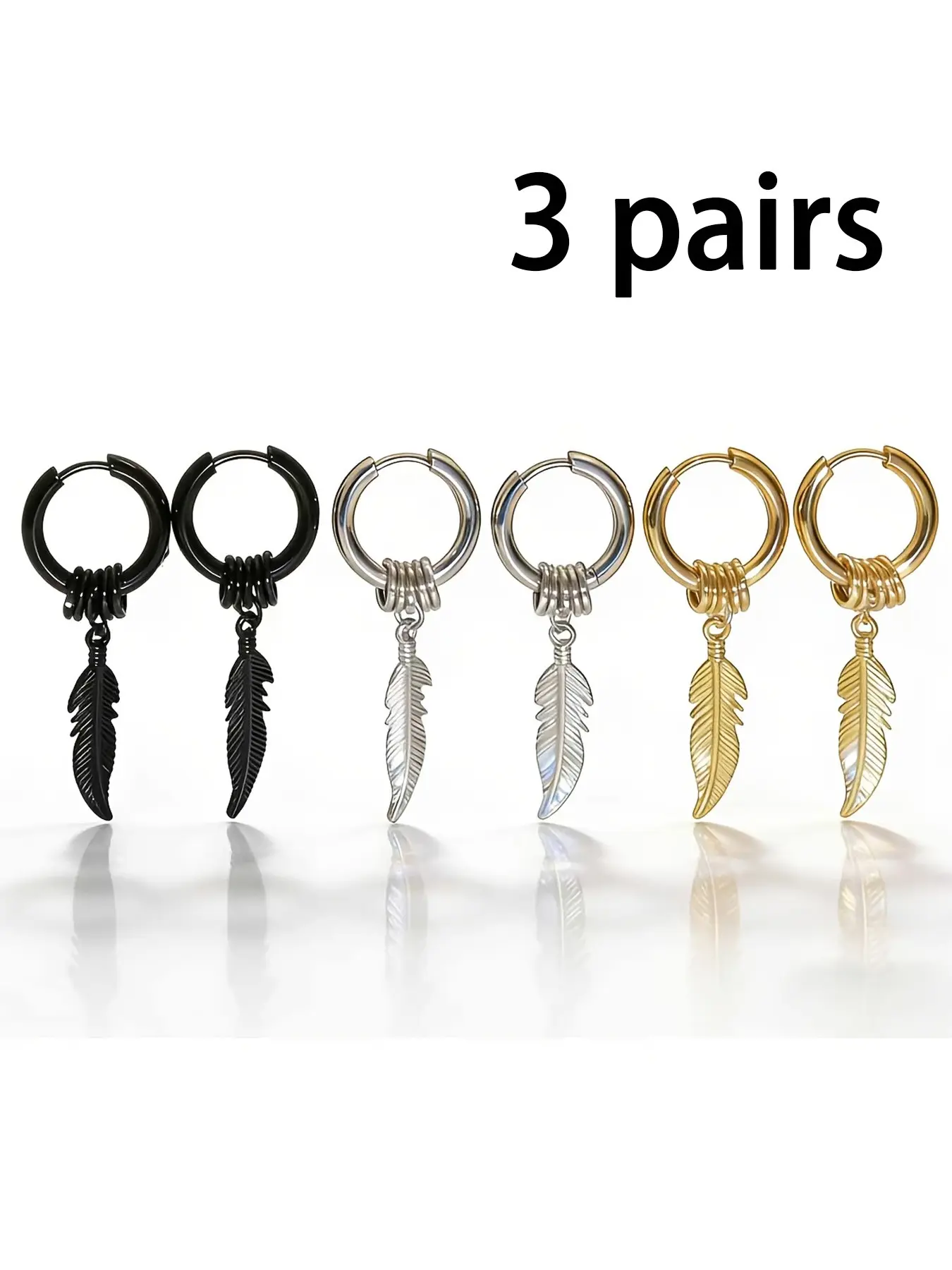 3 Pairs Feather Pendant Coil Earrings, Easy to Wear, Secure Fit, Suitable for Most Ear Shapes, Unisex Fashion Jewelry Set, Dangle Earrings Set, Unique Design Earrings