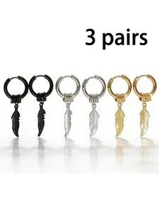 3 Pairs Feather Pendant Coil Earrings, Easy to Wear, Secure Fit, Suitable for Most Ear Shapes, Unisex Fashion Jewelry Set