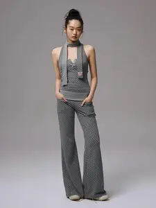 Women's Polka Dot 3-Piece Set – Halter Tank Top + Flare Pants + Scarf, Striped Trim, Cotton Blend