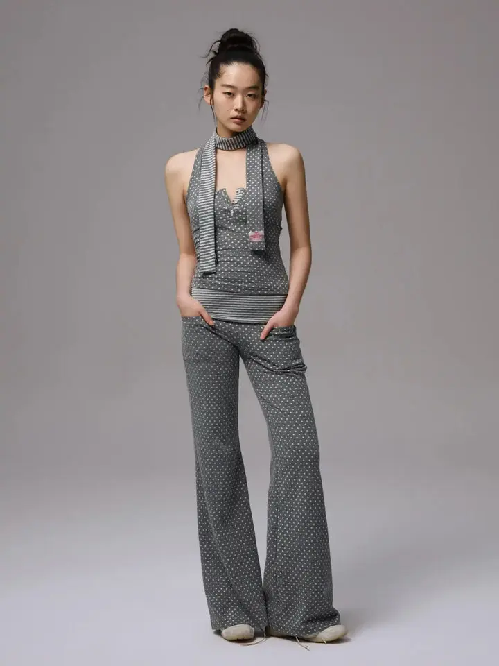 Women's Polka Dot 3-Piece Set – Halter Tank Top + Flare Pants + Scarf, Striped Trim, Cotton Blend,summerwins