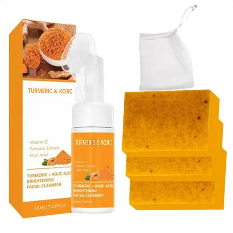 2-Piece Turmeric Facial Cleansing Set – Brightening & Hydrating Skincare for Face, Targets Dark Spots with Kojic Acid, Lemon Extract, Vitamins A & B5 – Alcohol-Free Everyday Cleanser & Face Wash for All Skin Types