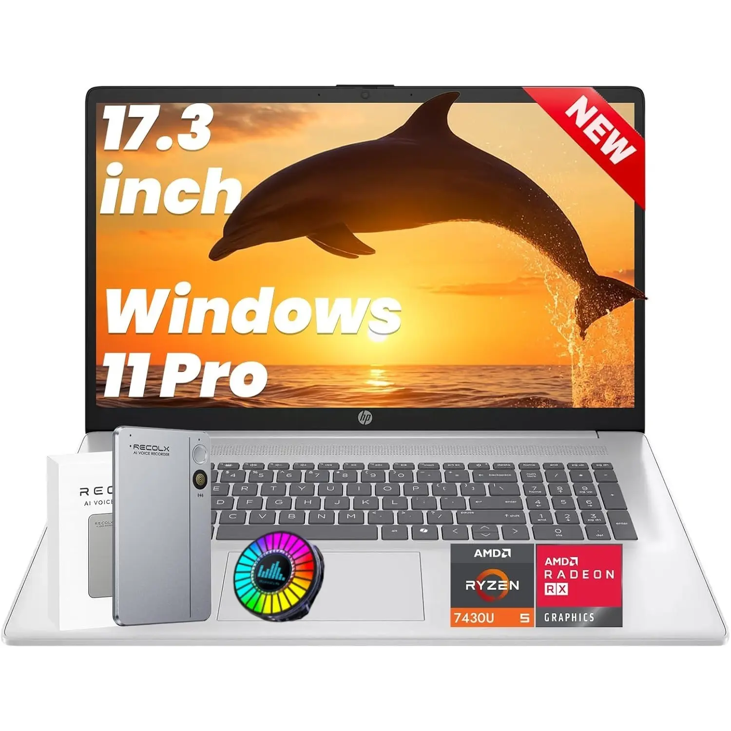 HP 17-inch FHD Laptop, 64GB RAM, 2TB SSD, AMD Ryzen 5 7430U, 17.3" FHD IPS Anti-Glare Display, Wi-Fi 6, HDMI, Windows 11 Pro, Office 365 of The Web, w/AI Voice Recorder, MUSIC ATMOSPHERE LAMP - Silver