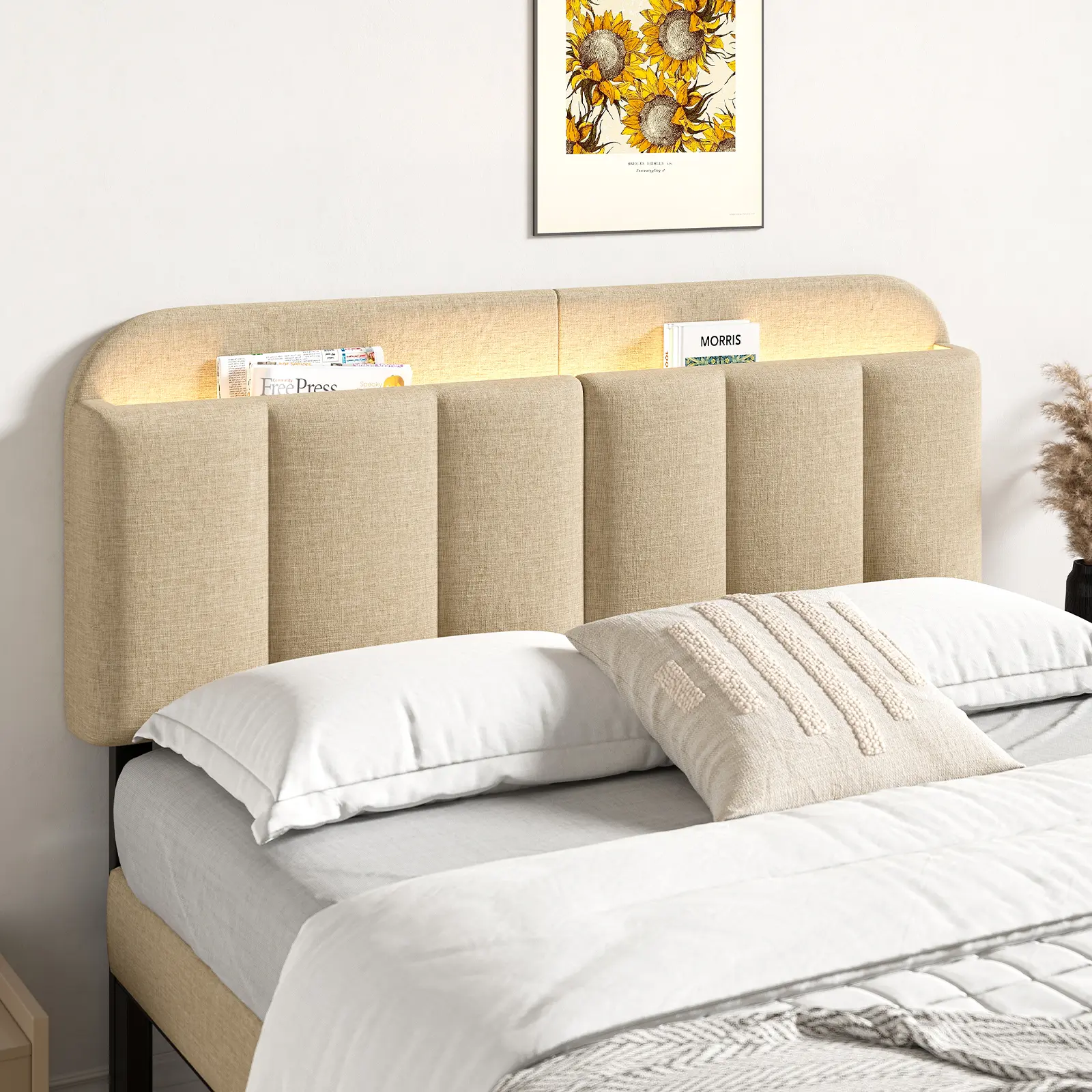 【SummerFinds】ONBRILL Adjustable Leg Headboard for Full/Queen Bed Frames - Premium Linen Surface, 45.2"-49.1" Height, Vertical Storage Space, RGB LED Light, Modern Vertical Channel Design, Easy Assembly, Adjustable Bed Frame Adapters, Durable