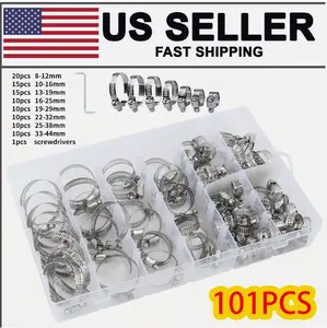 101Pcs Adjustable Hose Clamps Worm Gear Stainless Steel Clamp Assortment set