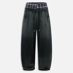 Double Waist Washed Baggy Sweatpants Loose Wide Leg Plaid Patchwork Casual Pants with Pockets   Unisex Vintage Streetwear Joggers  Double Waist Sweatpants Washed Baggy Sweatpants