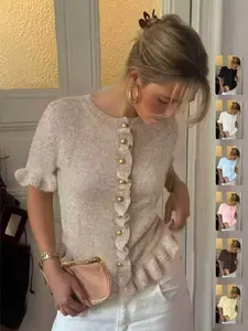 Women's Spring Summer Vintage Fashion Round Neck Short Sleeve Knitted Cardigan Knitwear, Ruffle Design and Metal Buttons, Elegant Soft Sweater
