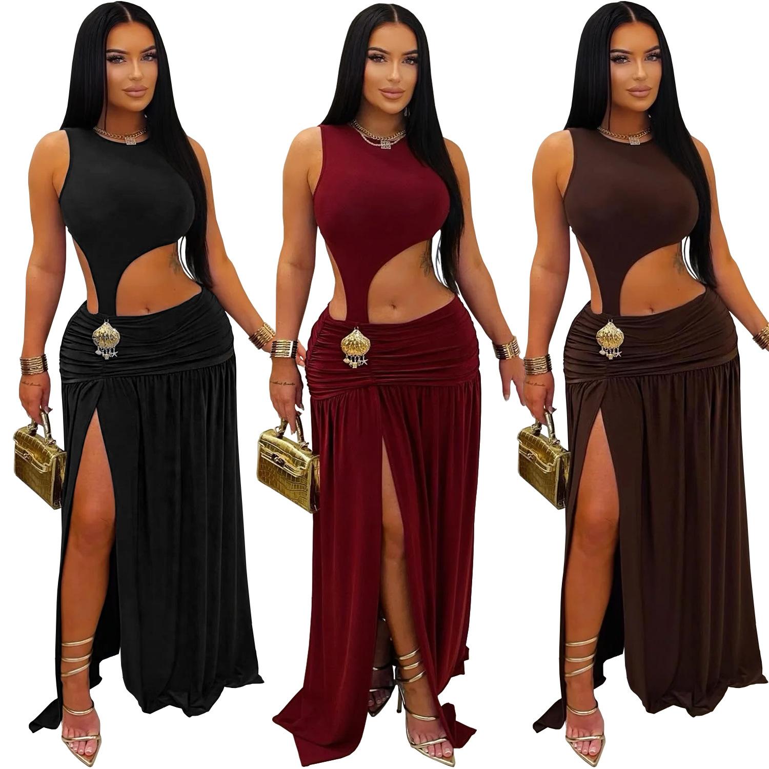 Fashion Women's Sexy Solid Color Sleeveless Crop Open Fork Dress