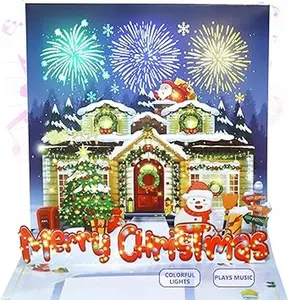 music Christmas blessing card with firework light and music, 3D pop-up Christmas card，Decorated House，music playing 'We Wish You a Merry Christmas' - accompaniment, impresses lovers (Blue)