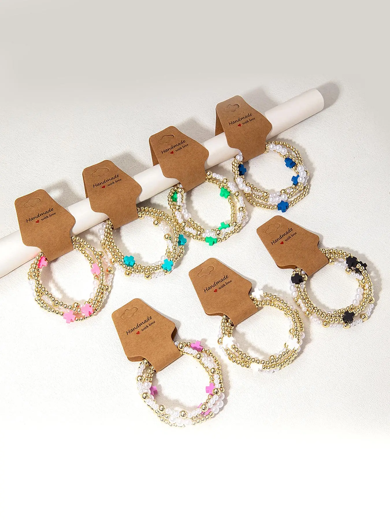 Four-piece Cross Beaded Pearl Bracelets, Stackable Bracelets, Stacked bracelets, Beaded Bracelet Set, Minimalist Style, Smooth Flawless Pearls, Delicate Cross Metal Texture, Single, Layered Wear, Girlfriend Gifts, Suitable for Young Girls