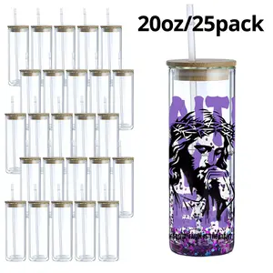25-Pack 20oz Sublimation-Ready Round Tempered Glass Tumbler Bottles - Double-Wall High-Capacity Kitchenware Drinkware with Pre-Drilled Hole, Bamboo Lid, Straw, Silicone Plug, Portable Reusable Washable for Glitter DIY, Festive Gifts, Bottle,summerwins