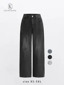 Elengatine Embossed Flame Pattern Denim Jeans for Women Light Wash Loose Wide Leg Silhouette Elastic Waistband Y2K Streetwear Inspired Soft Viscose Cotton Blend Casual Outfits Stand Out Fashion Piece