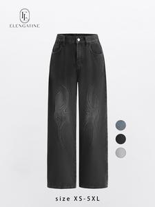 Elengatine Embossed Flame Pattern Denim Jeans for Women Light Wash Loose Wide Leg Silhouette Elastic Waistband Y2K Streetwear Inspired Soft Viscose Cotton Blend Casual Outfits Stand Out Fashion Piece