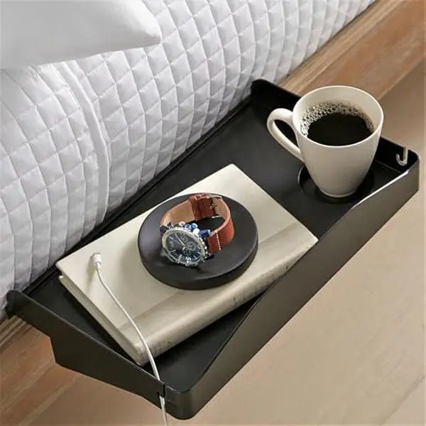 Bedside Shelf for Bed - College Dorm Room Clip On Nightstand with Cup Holder & Cord Holder - Nightstand for Students - Bunk Bed Shelf for Top Bunk - Kids Nightstand for Bedroom (Plastic, Black)