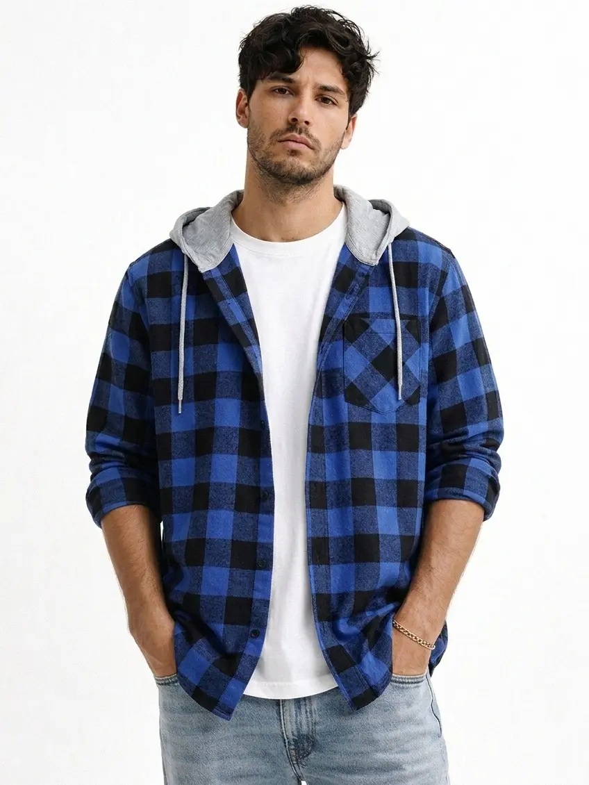ZITY Men's Checkered Plaid Collared Hooded Flannel Sweatshirt - Comfy Soft Fabric, Button-Down, Drawstring Hood, Chest Pocket, Casual Fit Streetwear Top for Casual Outings, Gift Option
