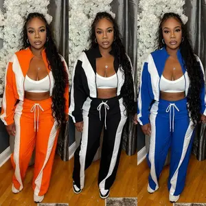 Fashion Women's Y2K Color Block Zipper Cardigan Wide Leg Drawstring Sports Pants Two Piece matching Set Short Jacket Long Sleeve Coat Top High Waist Loose Straight Pants Casual Sports Suit Street Style Sweatsuit Set Can be used with a raincoat