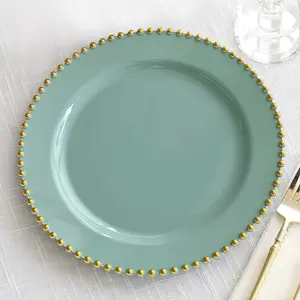 10-Pack Plastic Round Dinner Plates 10" Dusty Sage Green with Gold Beaded Rim - Disposable Party Plates