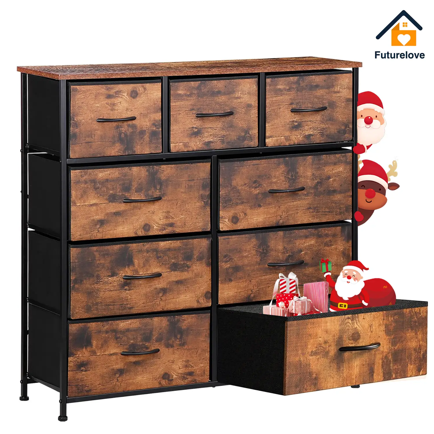 Tall Wooden Top Dresser Fabric Storage with 9 Fabric Bins Drawers, for Kid Room, Closet, Entryway, Nursery