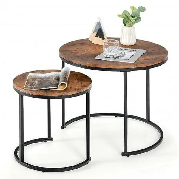 Set of 2 Modern Round Stacking Nesting Coffee Tables for Living Room-Rustic Brown - Color: Rustic B D681-JV10236CF